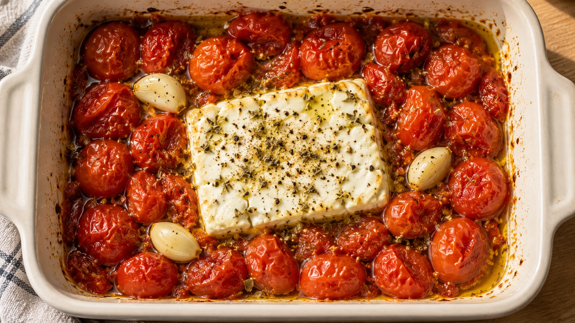 Baked feta pasta base of roasted tomatoes, softened feta and garlic