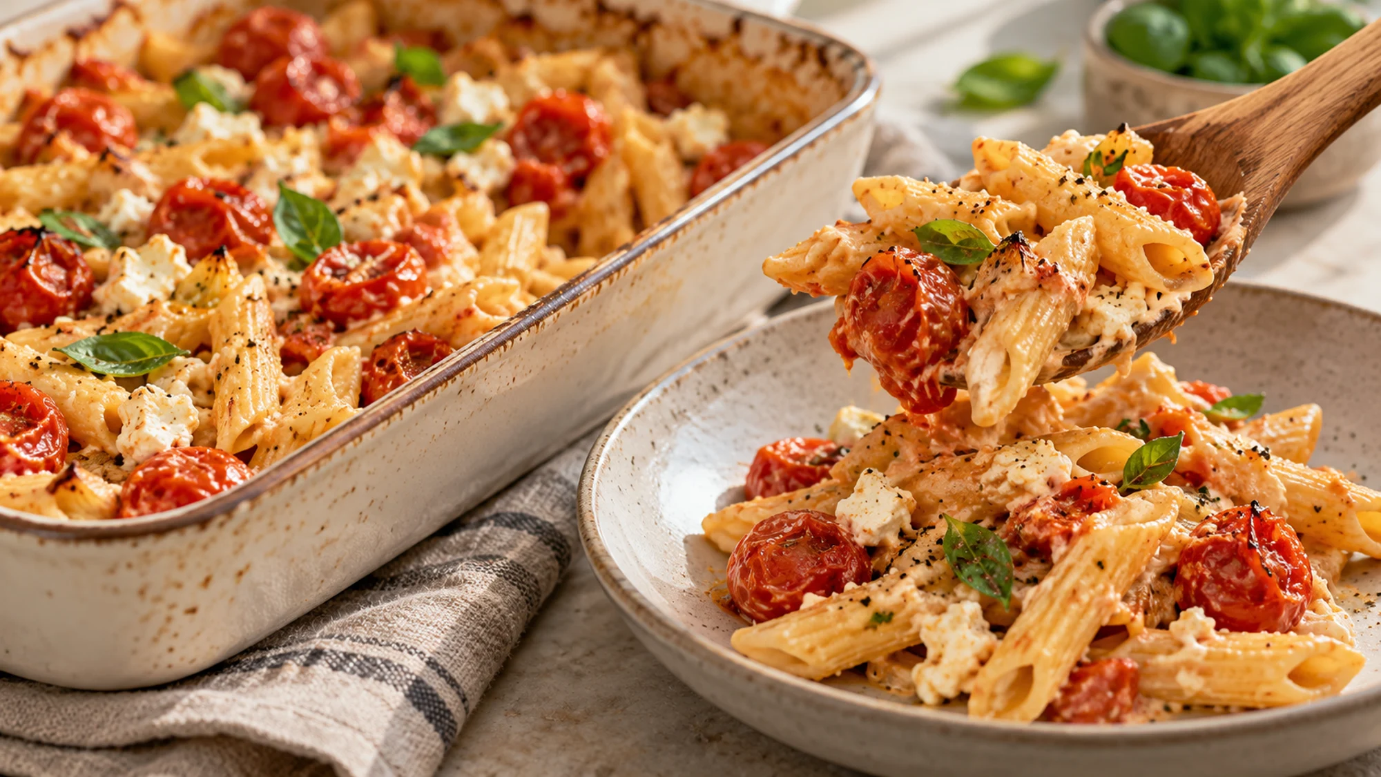 Serving spoon lifting baked feta pasta from the baking dish