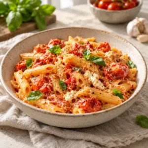 Baked feta pasta with tomatoes and basil in a cream bowl