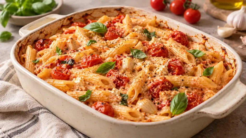 baked feta pasta served with its finished texture