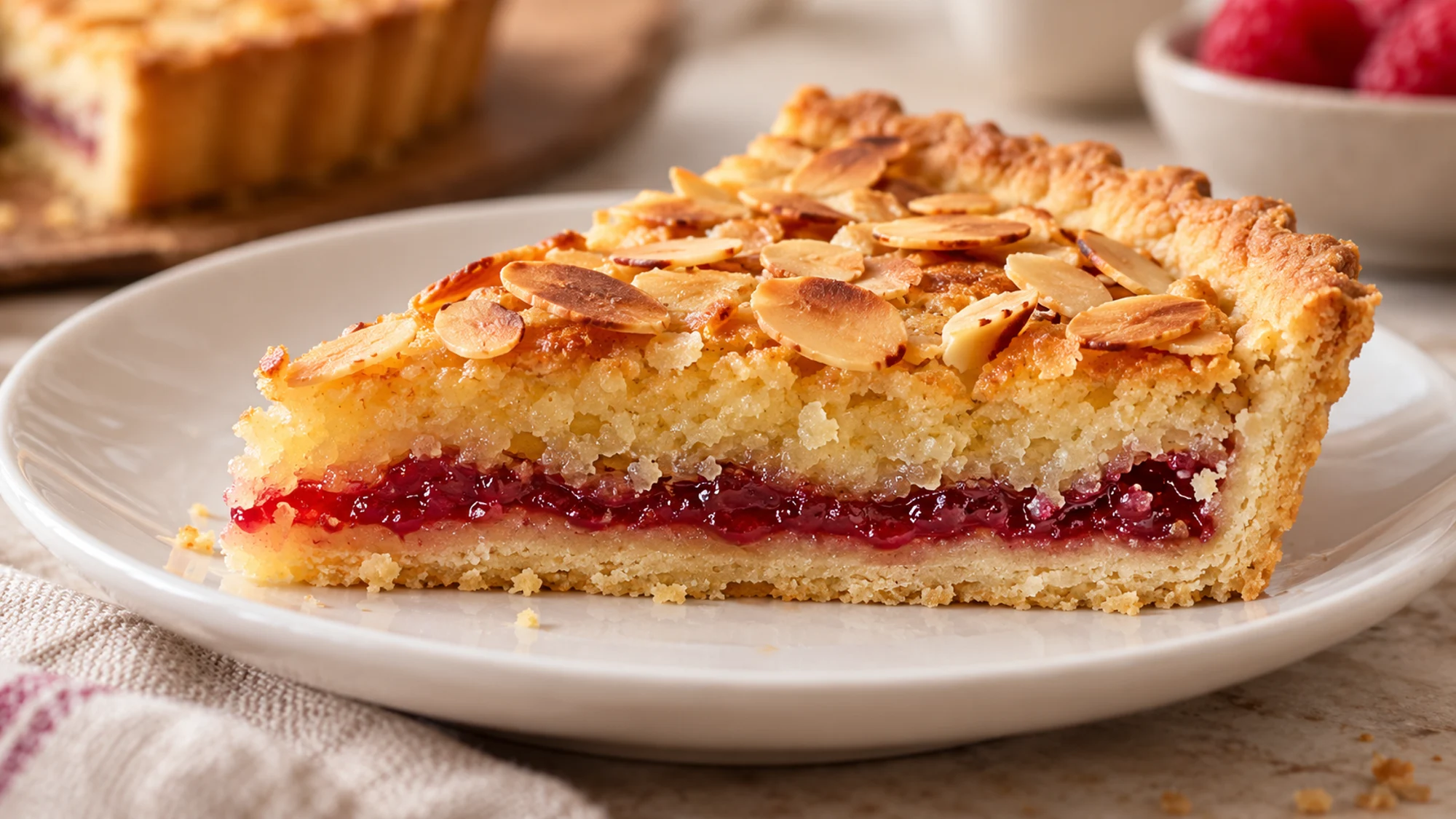 Bakewell tart slice showing raspberry jam, almond filling and pastry
