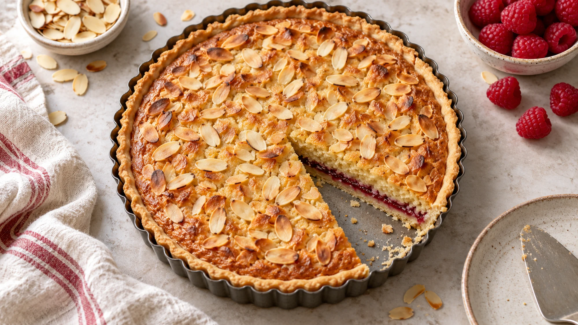 Bakewell tart topped with flaked almonds in a fluted tin