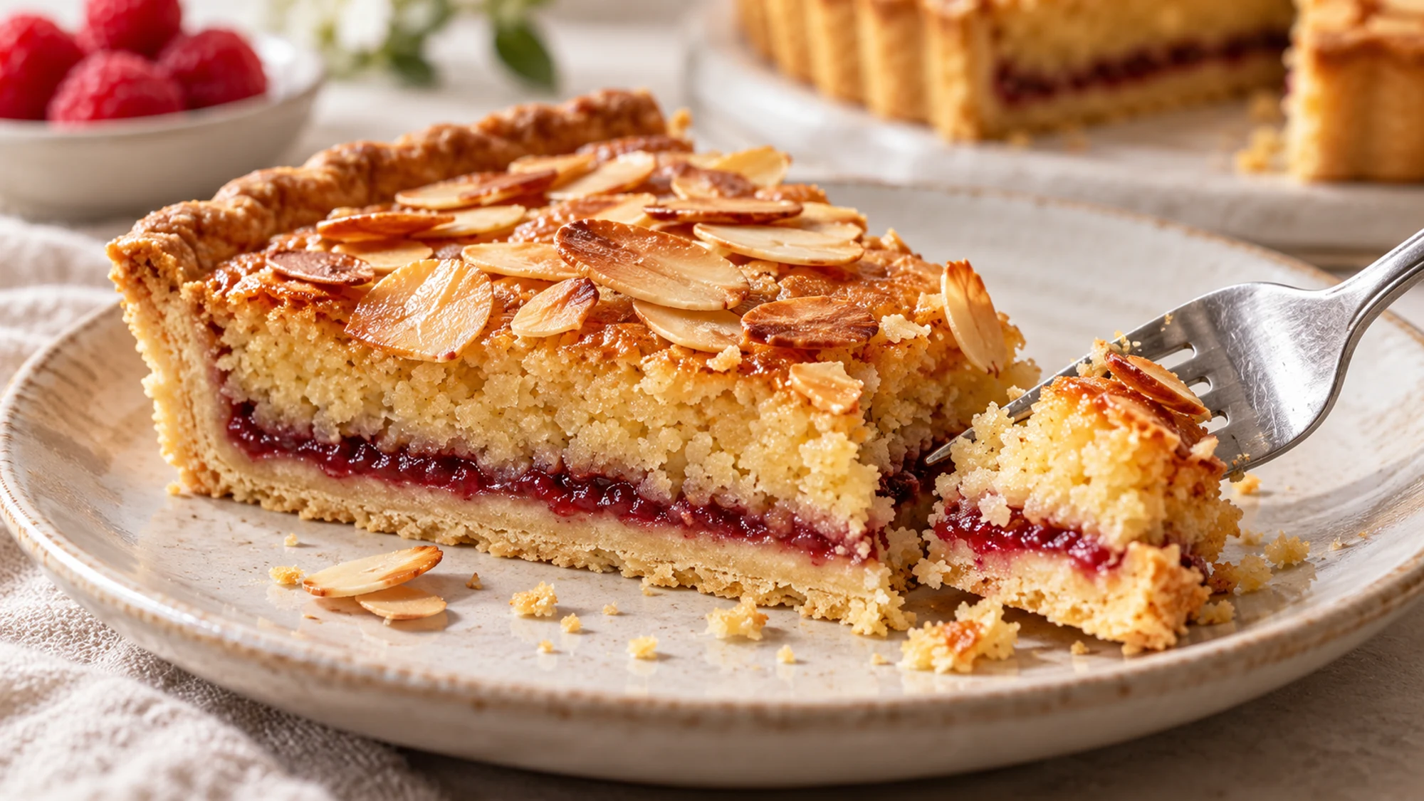 Fork breaking a bite from Bakewell tart with a raspberry layer