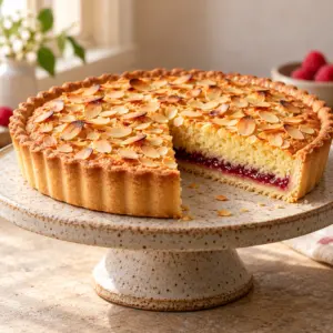 Bakewell tart on a cake stand with a wedge removed