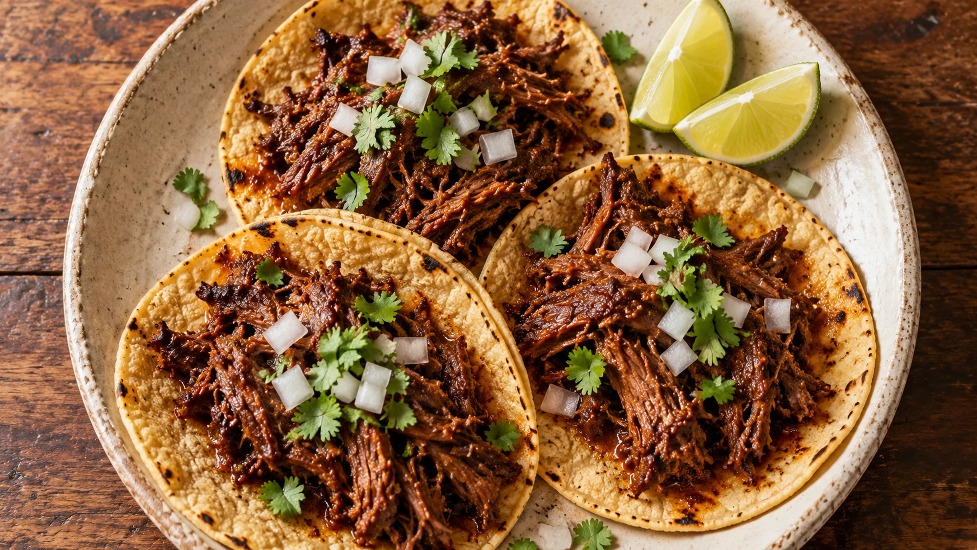 Barbacoa tacos with shredded beef, diced onion, cilantro and lime.