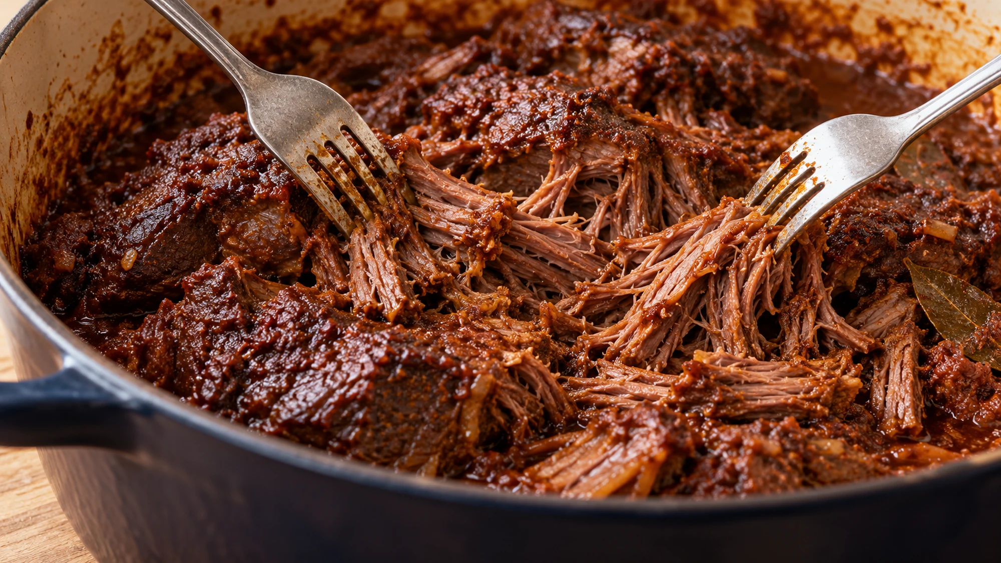 Forks pulling tender barbacoa beef apart in its chile sauce.