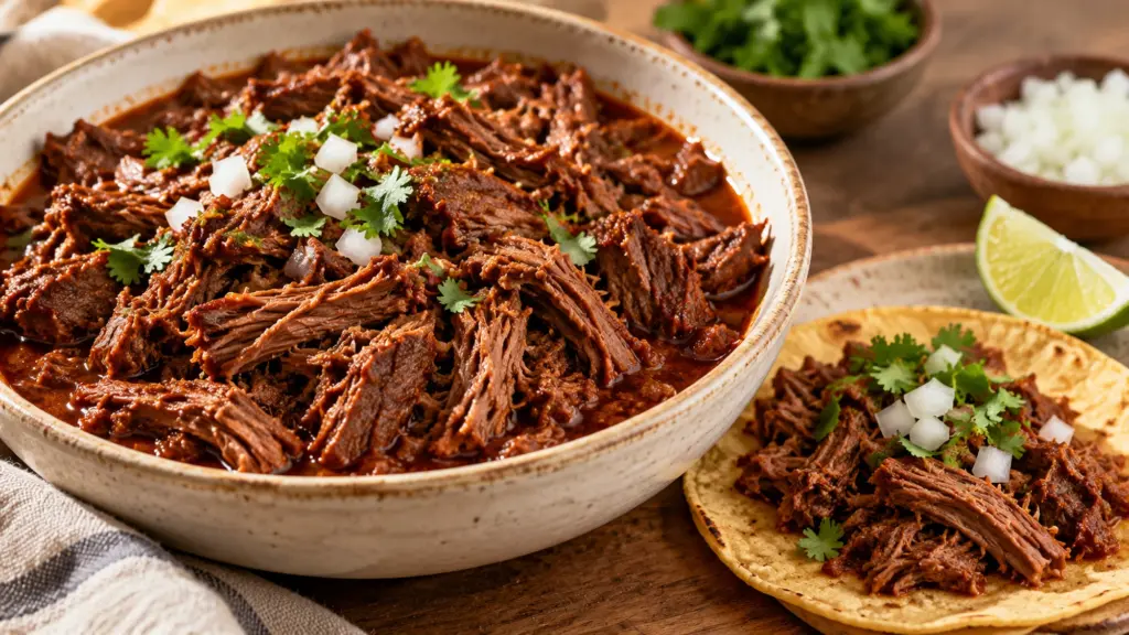 Barbacoa shredded beef with guajillo sauce, onion and cilantro beside a corn tortilla.