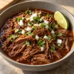 Barbacoa beef shreds in chile sauce with onion, cilantro and a lime wedge.