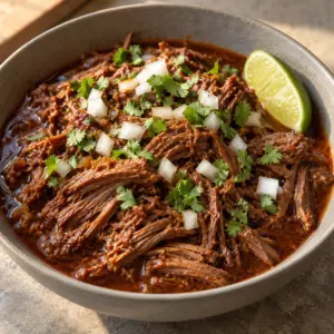 Barbacoa beef shreds in chile sauce with onion, cilantro and a lime wedge.