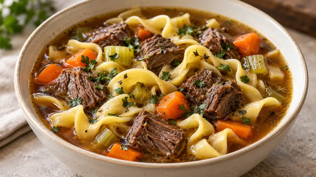 Beef noodle soup with tender chuck, egg noodles, carrots, celery and parsley in a bowl.
