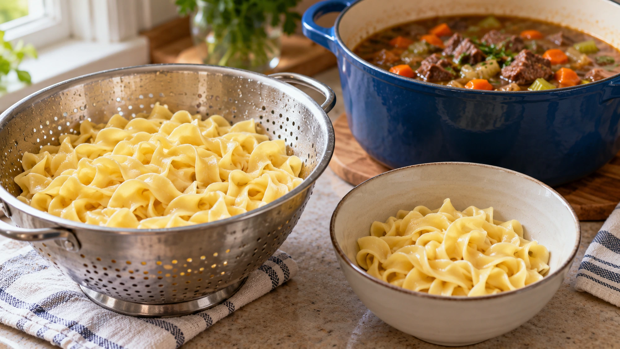 Cooked egg noodles kept separate from beef noodle soup to preserve their texture.