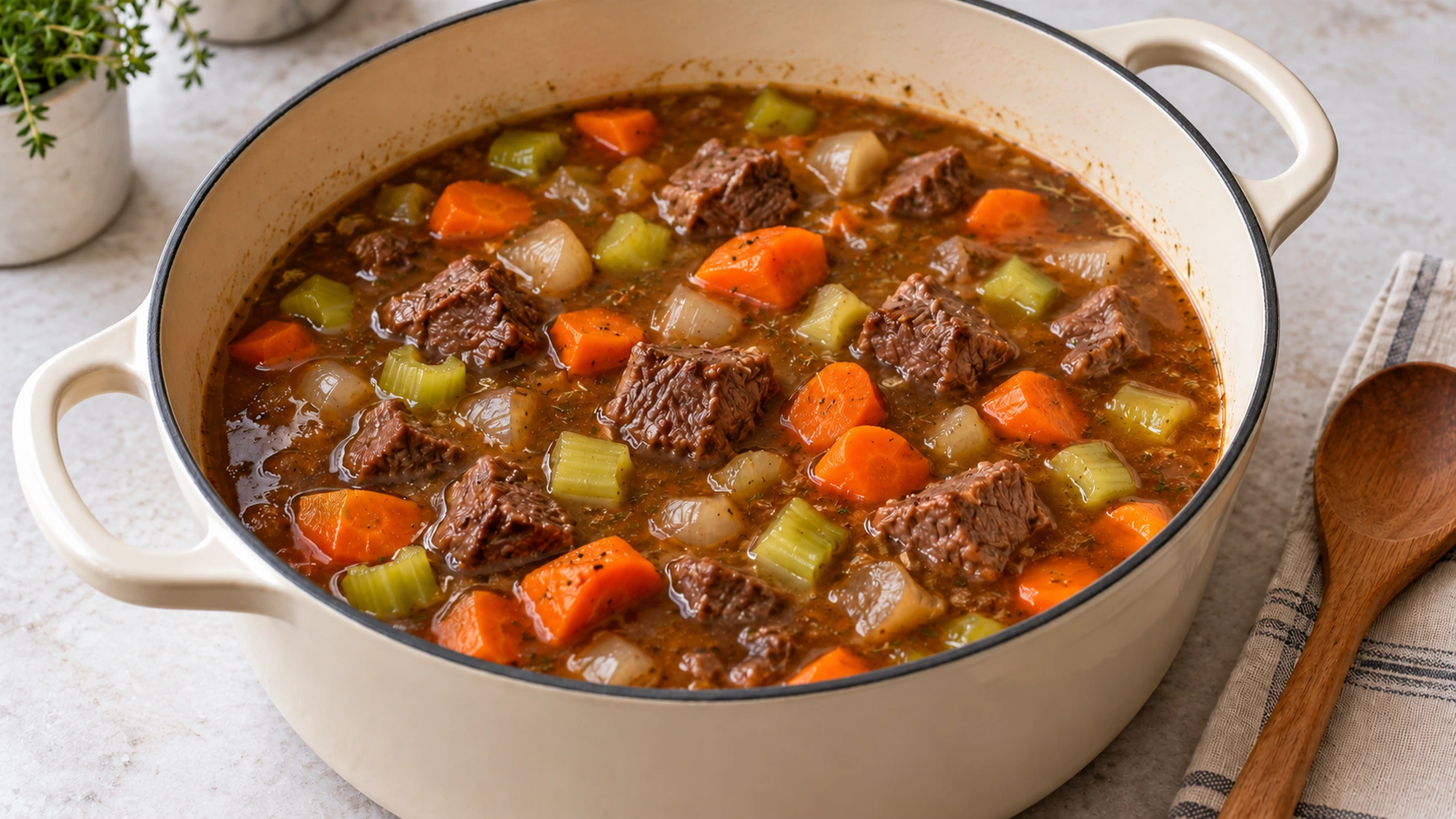 Beef noodle soup broth with chuck, carrots and celery simmering before the noodles are added to bowls.