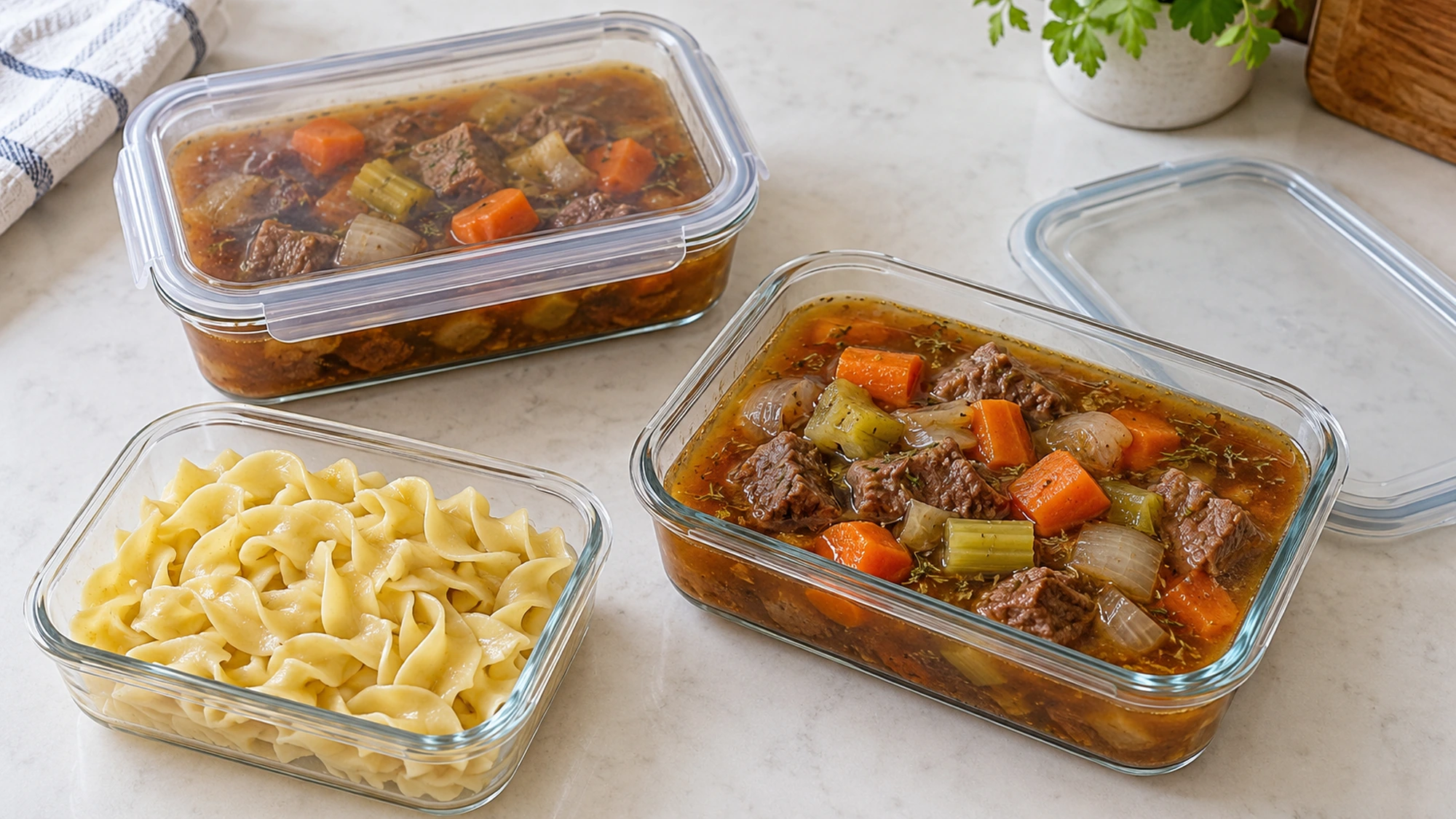 Beef noodle soup and cooked egg noodles stored in separate shallow containers.