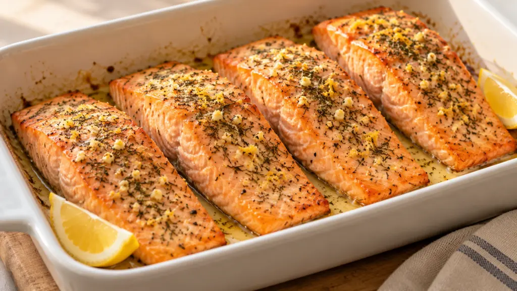 Best way to cook salmon without flipping: lemon-garlic fillets roasted in a baking dish.