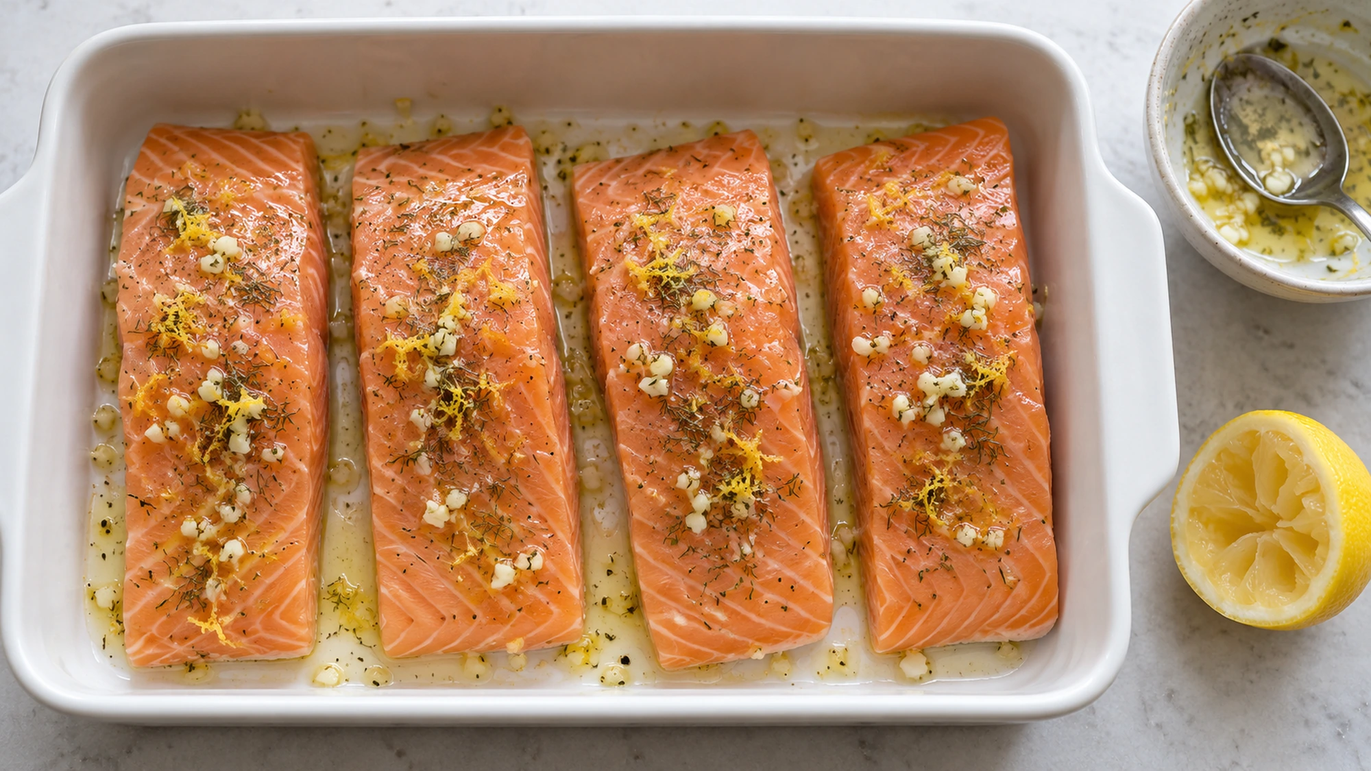 Four raw salmon fillets coated with lemon, garlic, olive oil, and dried dill before roasting.