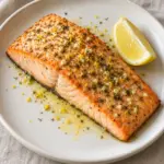 Roasted salmon fillet with lemon, minced garlic, and dried dill on a white plate.