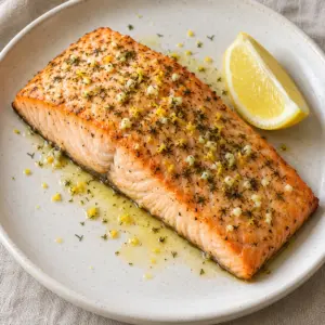 Roasted salmon fillet with lemon, minced garlic, and dried dill on a white plate.