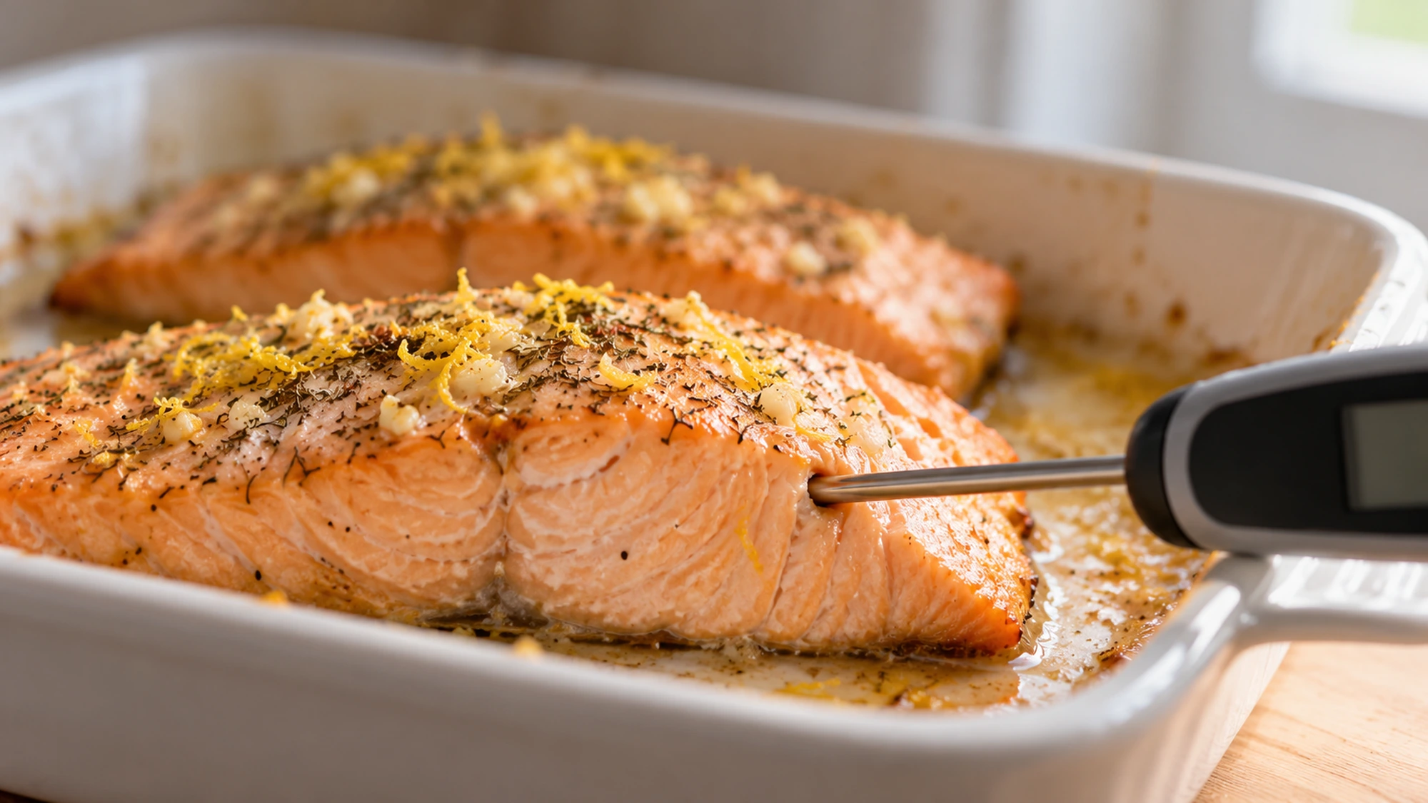 Food thermometer inserted into the thickest part of an oven-roasted salmon fillet.