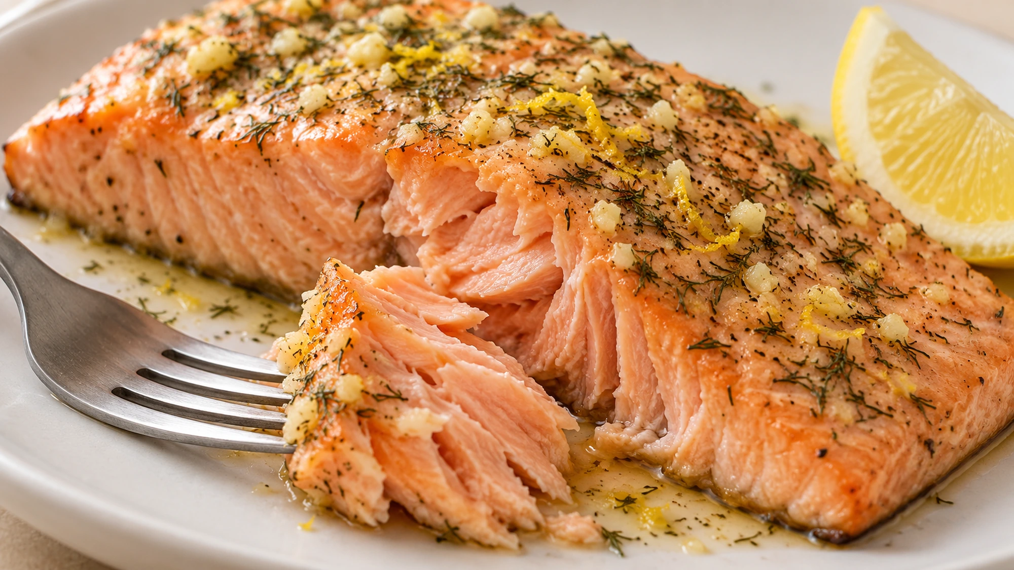 Lemon-garlic roasted salmon separated into tender flakes beside a fork.