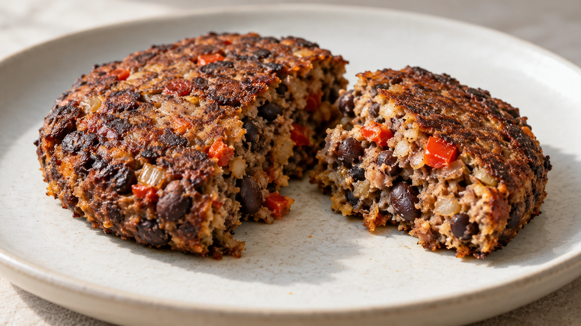 Cut black bean burgers showing coarse beans, red pepper and a tender center.