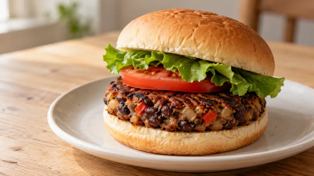 Black bean burgers with crisp edges served in a soft bun with lettuce and tomato.