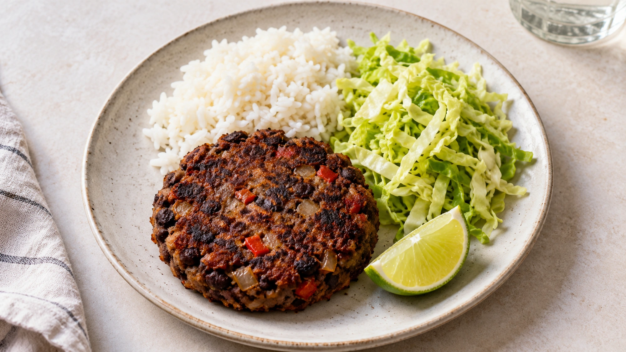 Black bean burgers served beside rice, shredded cabbage and lime.
