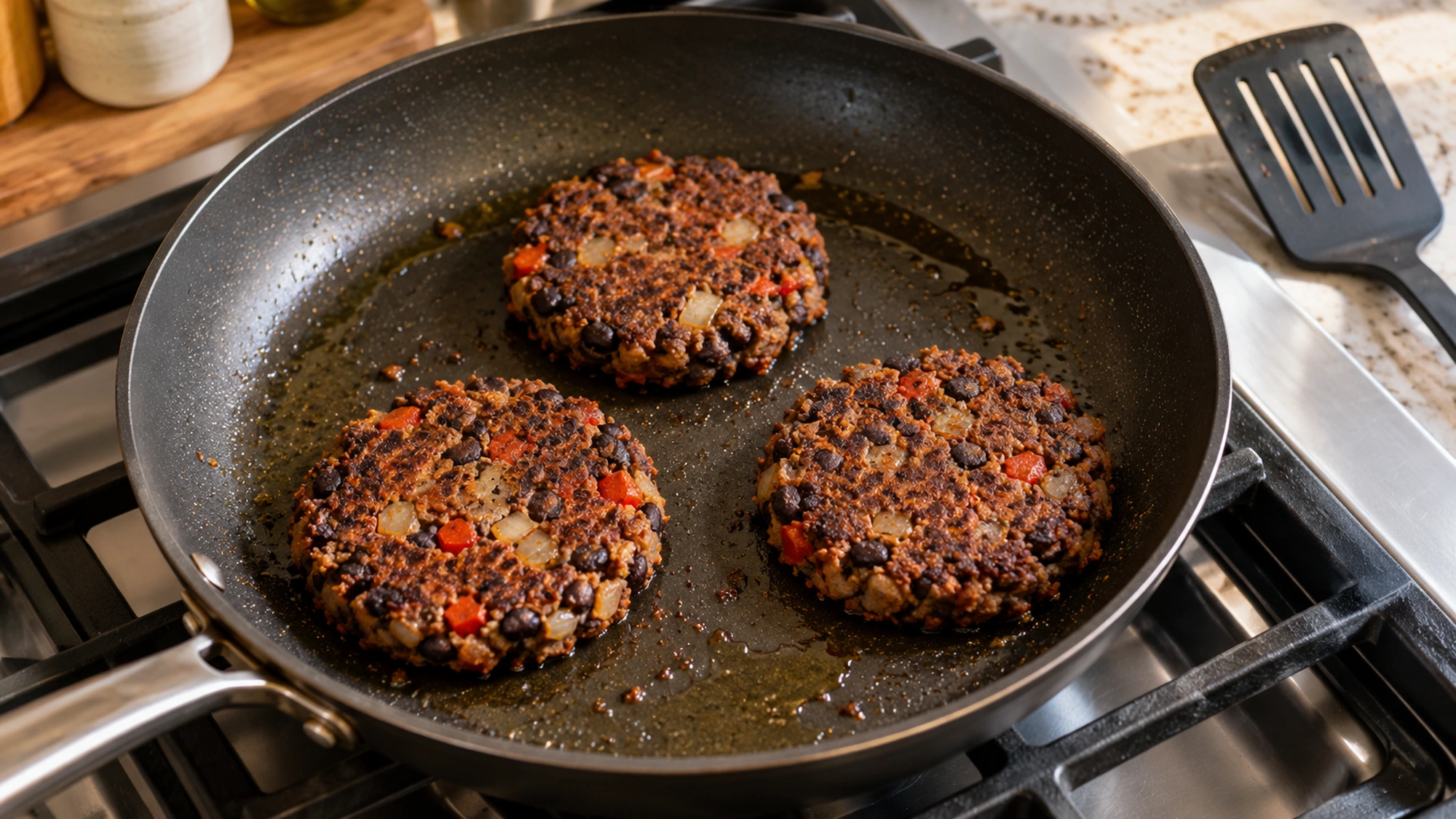 Black bean burgers browning in a skillet with space between the patties.