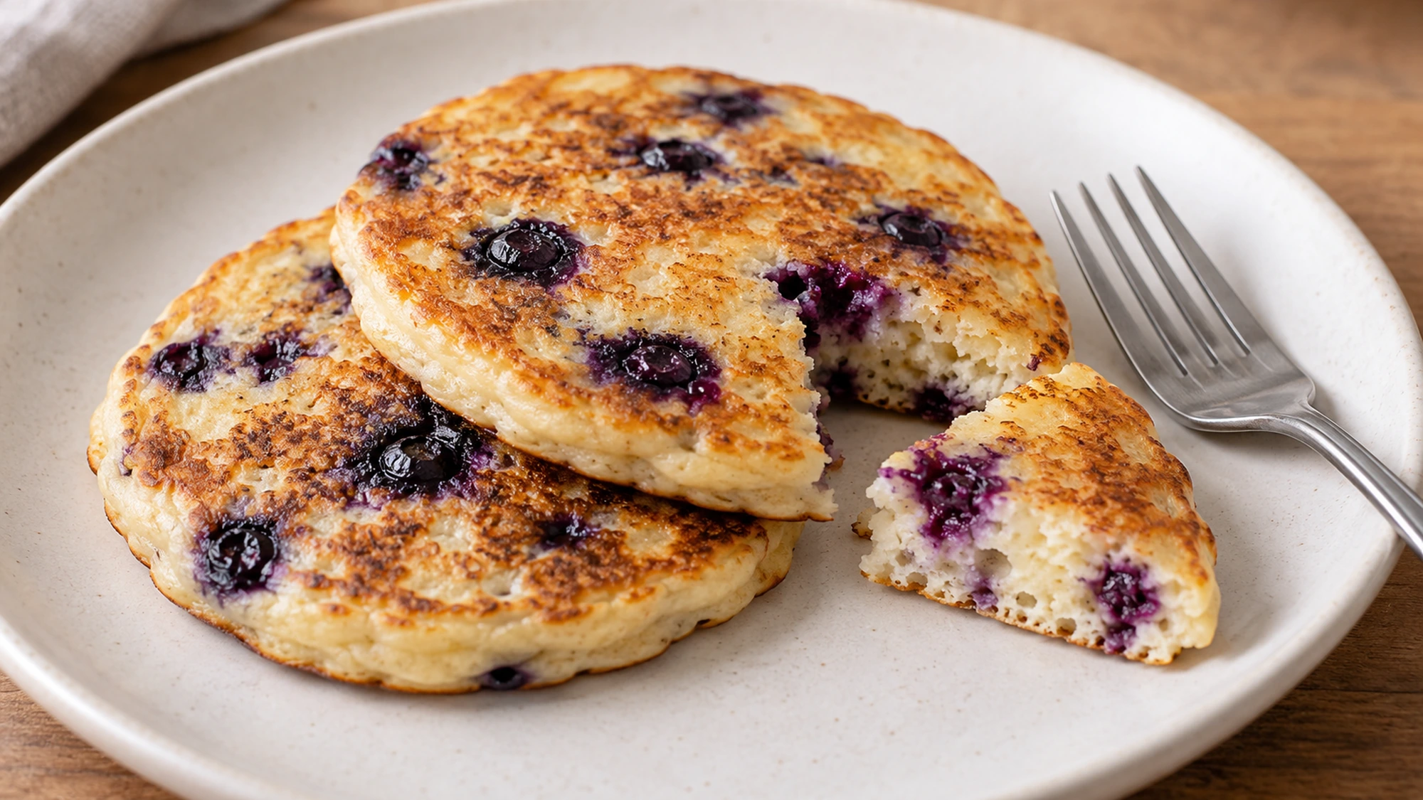 Cut blueberry tofu pancakes showing a pale cooked crumb and purple blueberry pockets.