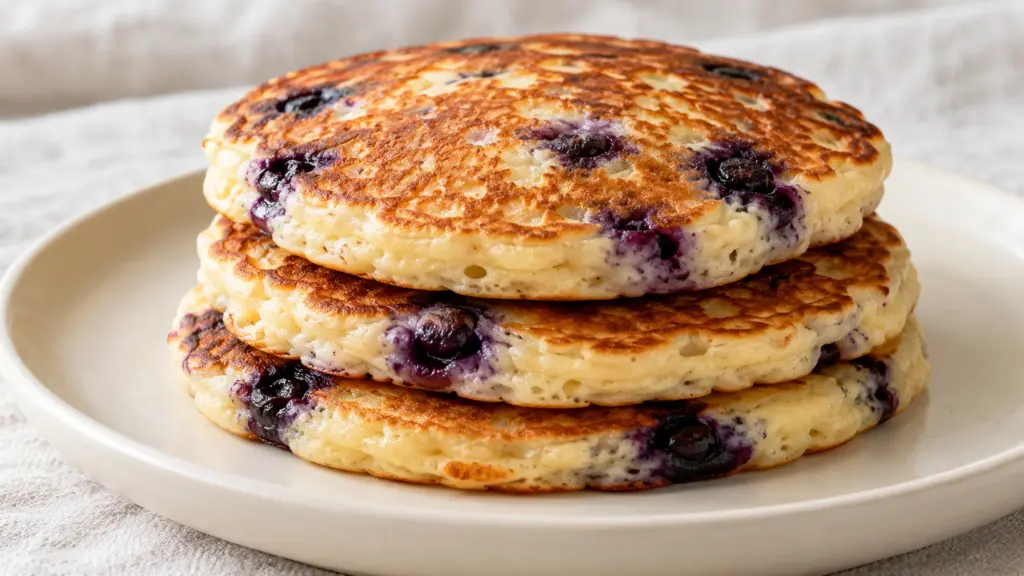 Stack of blueberry tofu pancakes with golden surfaces and cooked berry pockets.