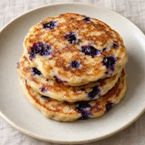 Three golden blueberry tofu pancakes stacked on a cream plate.