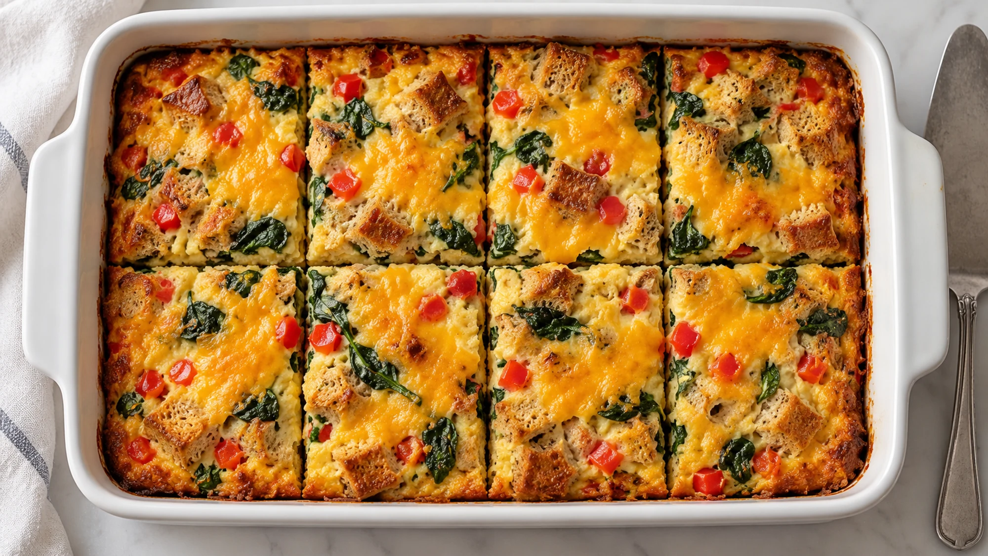 Breakfast casserole divided into eight portions with spinach, red bell pepper, cheddar and golden bread edges