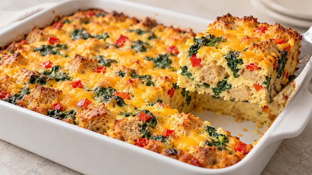 Breakfast casserole with cheddar, red pepper and spinach in a baking dish