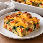 Breakfast casserole with a golden cheddar top and whole-grain bread