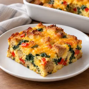 Breakfast casserole with a golden cheddar top and whole-grain bread