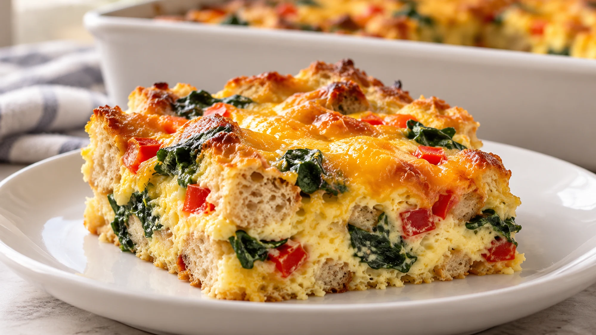 Breakfast casserole portion showing whole-grain bread, spinach, red pepper and melted cheddar