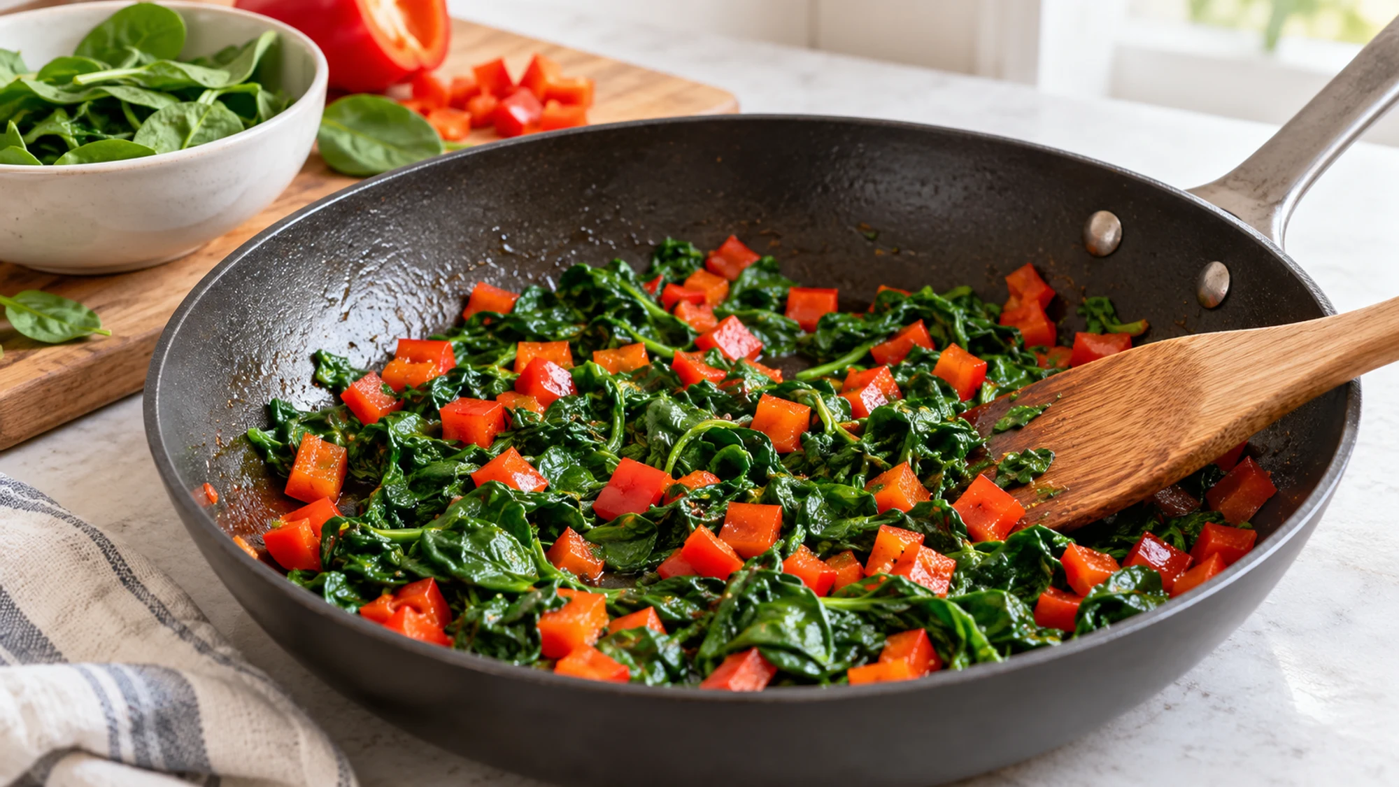 Breakfast casserole vegetables with chopped spinach and diced red bell pepper