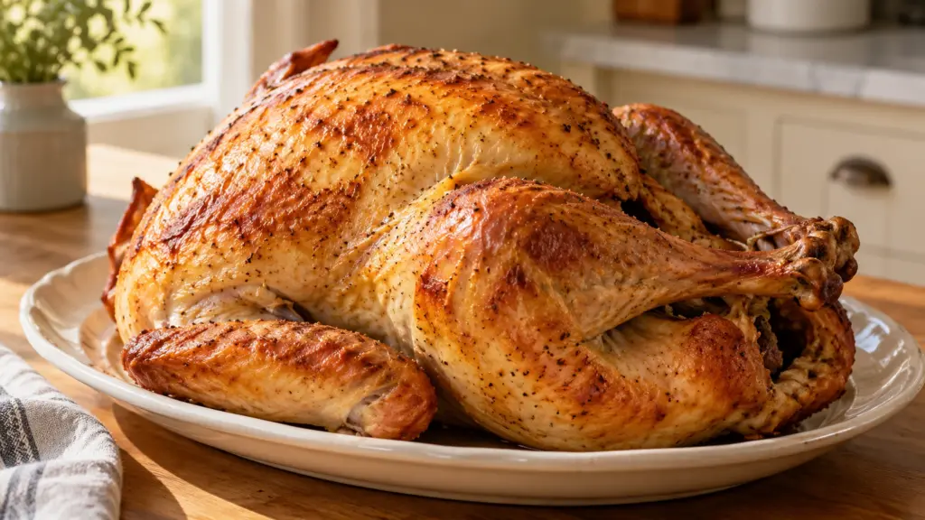 Golden roast made with a lemon and rosemary brine for turkey.