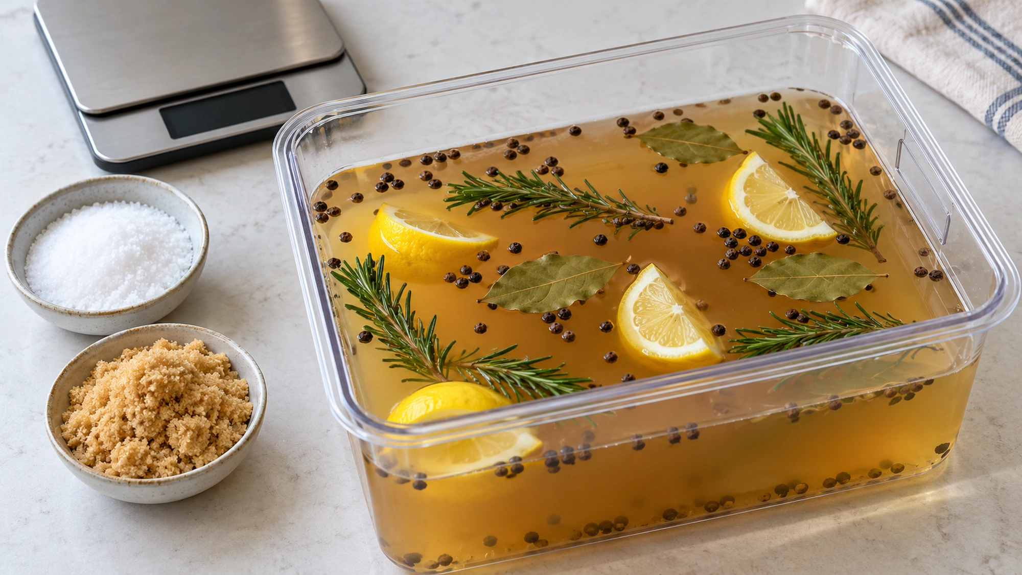 Weighed salt, cold water and aromatics for a measured brine for turkey.