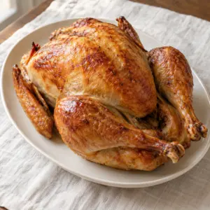 A golden roasted bird prepared with the measured brine for turkey recipe.