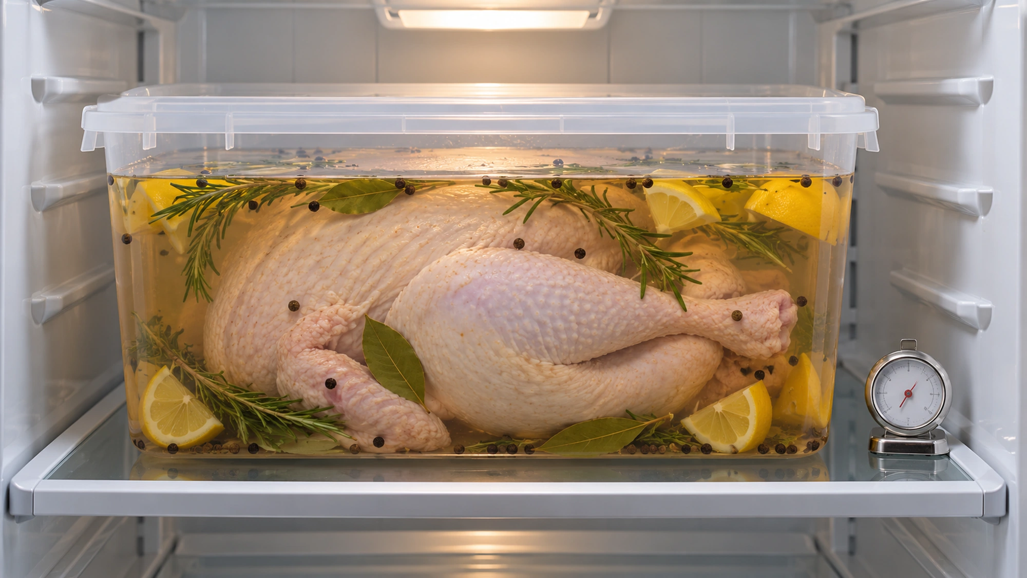 A covered container in a refrigerator for a cold brine for turkey.