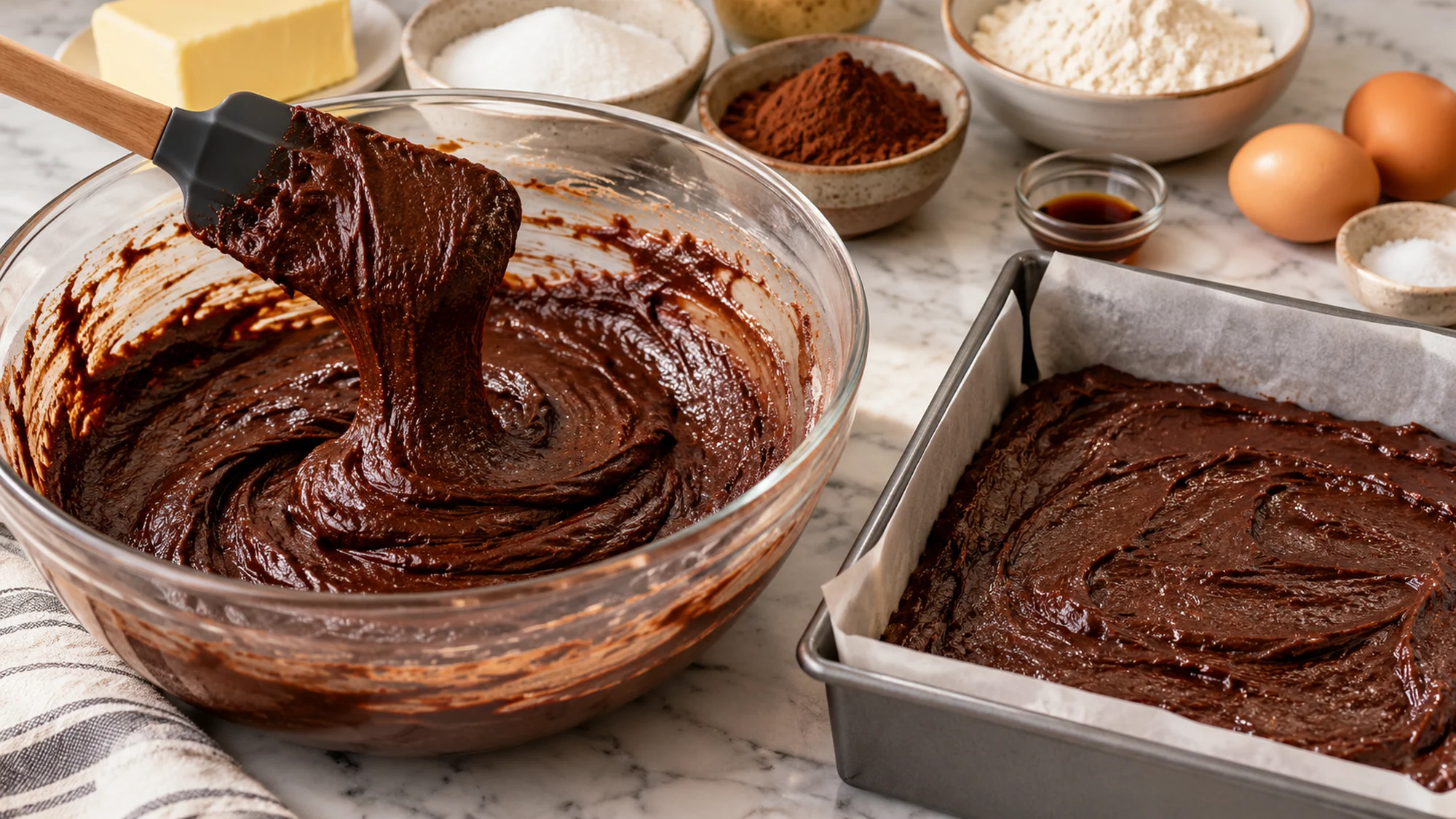Thick brownie batter in a bowl beside a parchment-lined metal pan and spatula
