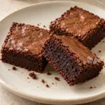 Plain brownie squares stacked to show their dense cocoa crumb