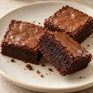 Plain brownie squares stacked to show their dense cocoa crumb