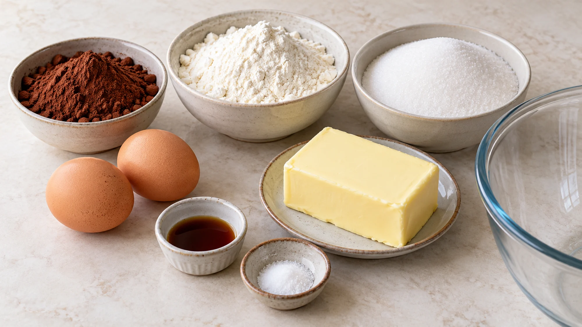 Measured butter, sugar, cocoa powder, two eggs, vanilla, salt and flour for brownie batter