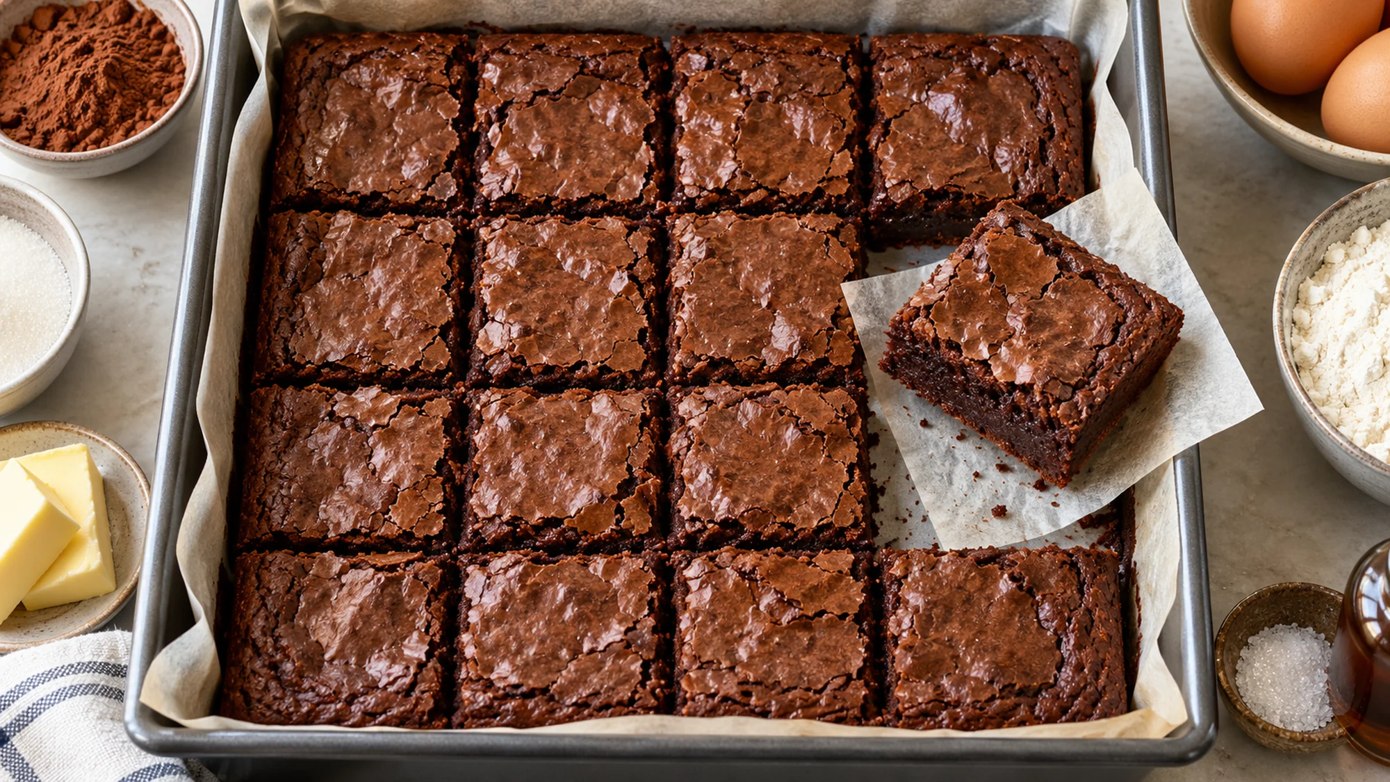 Brownie squares cut into a four-by-four grid in a parchment-lined square pan, with one lifted