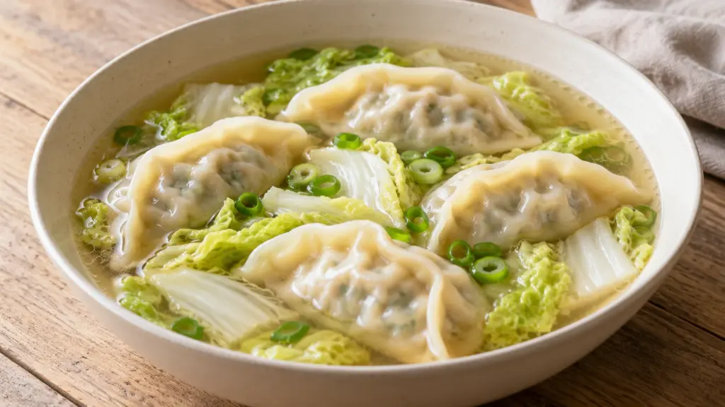 Cabbage dumpling soup with pork-and-vegetable mandu, napa cabbage and scallions.