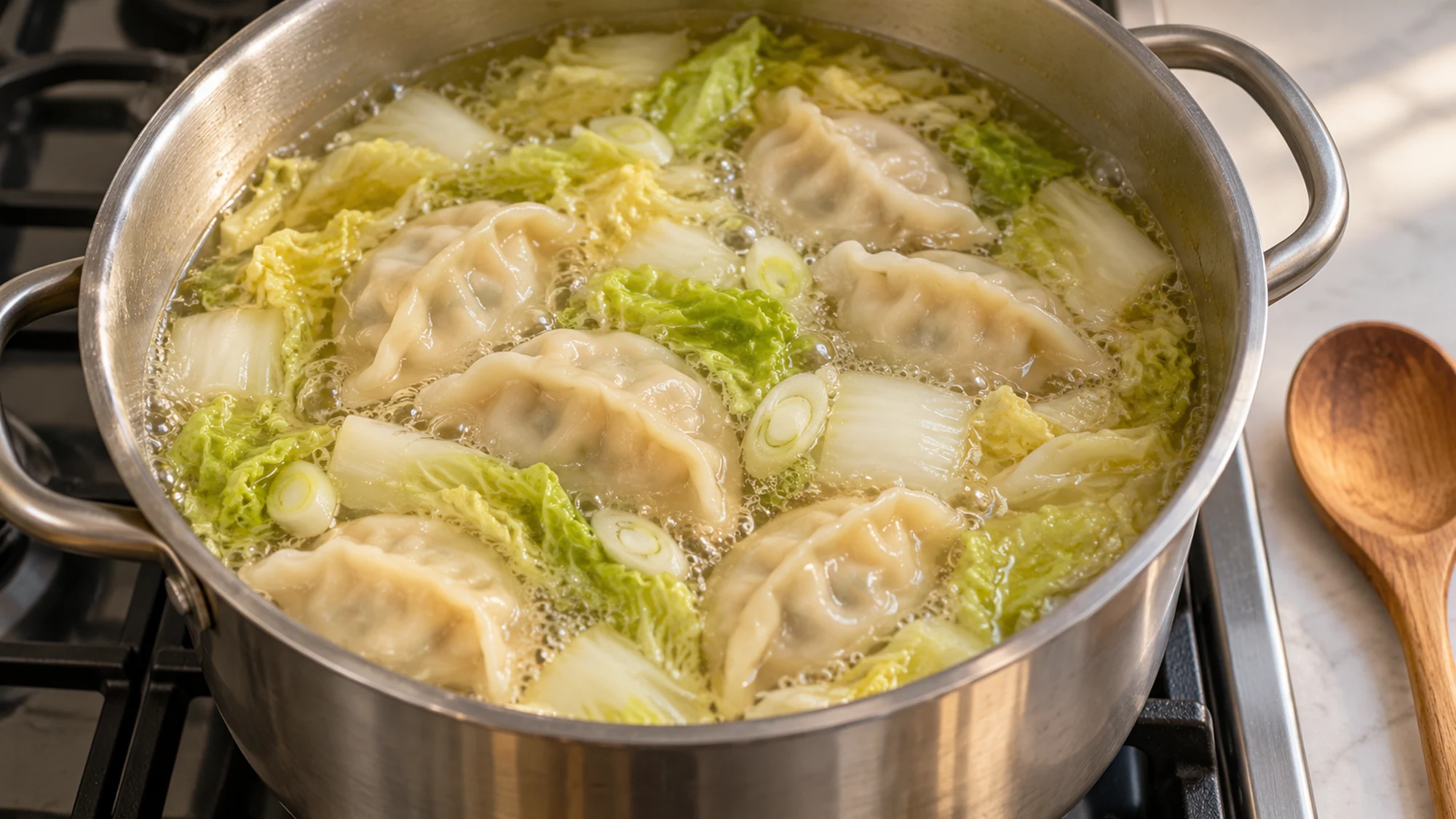 Cabbage dumpling soup with napa and mandu cooking in a pot of ginger broth.