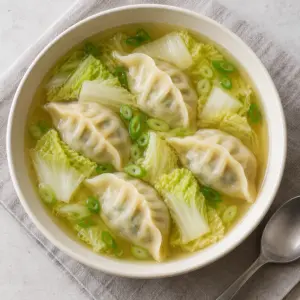 Overhead view of cabbage dumpling soup with mandu, napa cabbage and scallions.