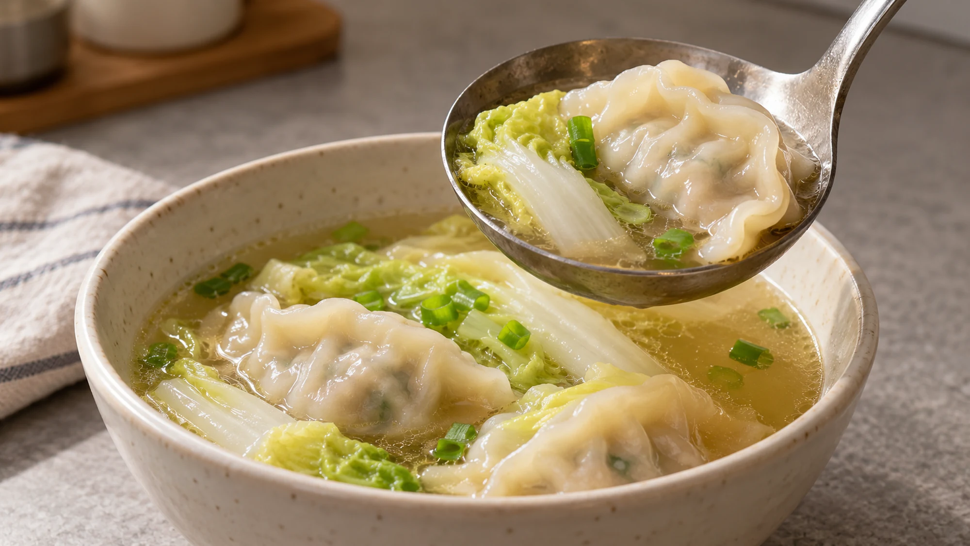 Cabbage dumpling soup served in bowls with tender napa and scallion greens.