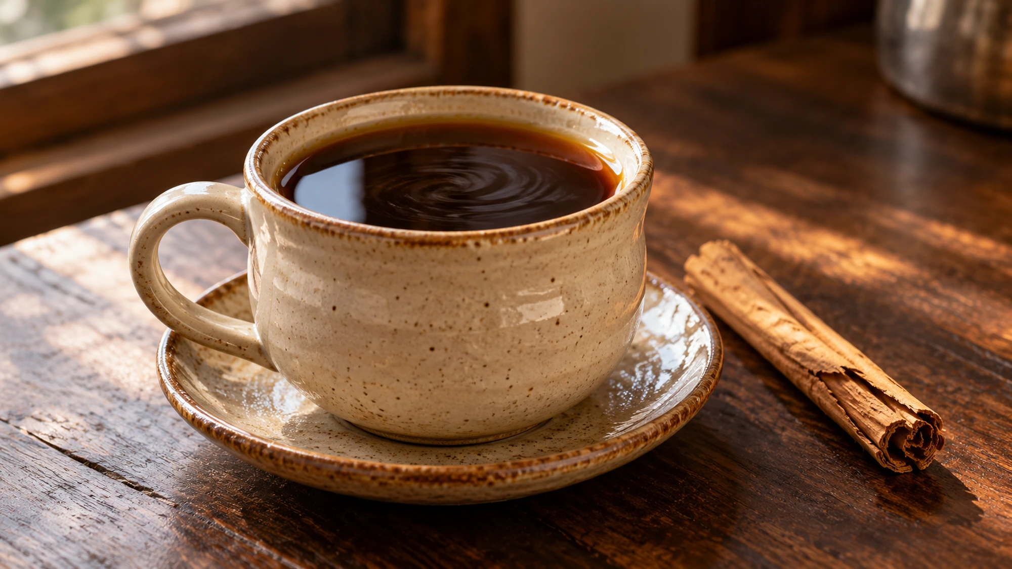 Filtered café de olla in a cream cup with canela beside the saucer.